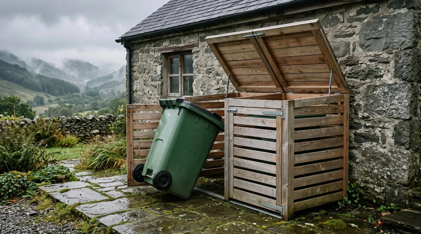 A silvered larch slatted wheelie bin store with its lid raised beside a stone Welsh cottage, one bin pulled halfway out