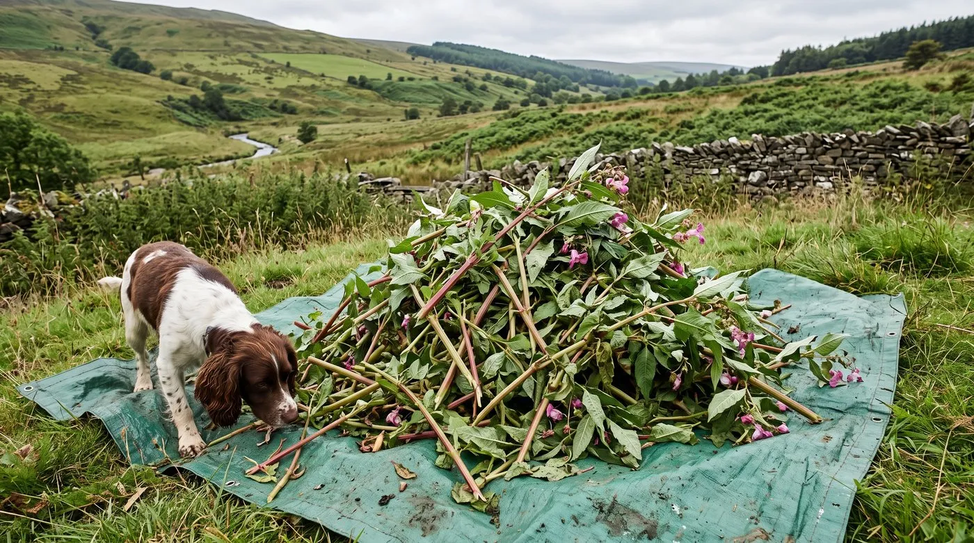 Pile of pulled Himalayan balsam stems on a tarpaulin on a hillside, well away from the stream below