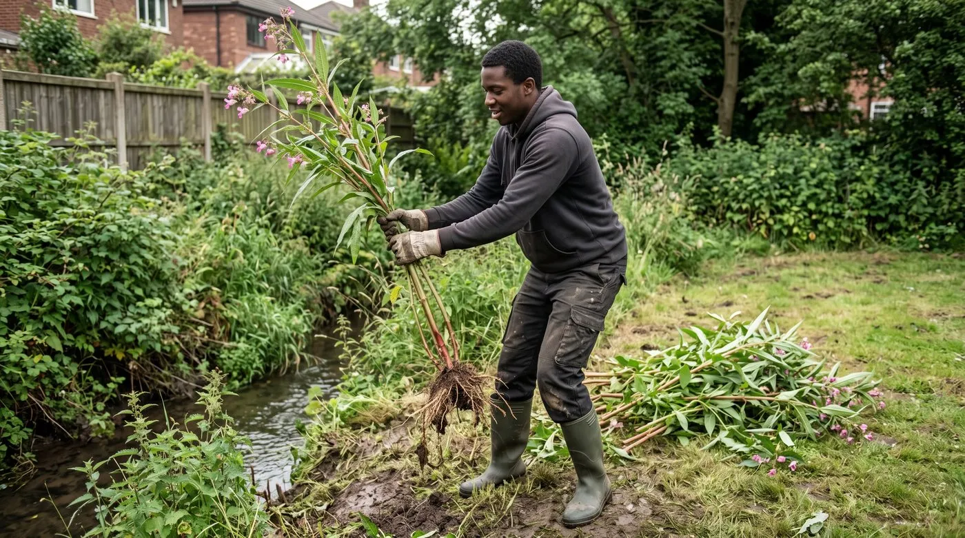 Man in gloves pulling a tall Himalayan balsam plant with shallow roots from a garden stream bank
