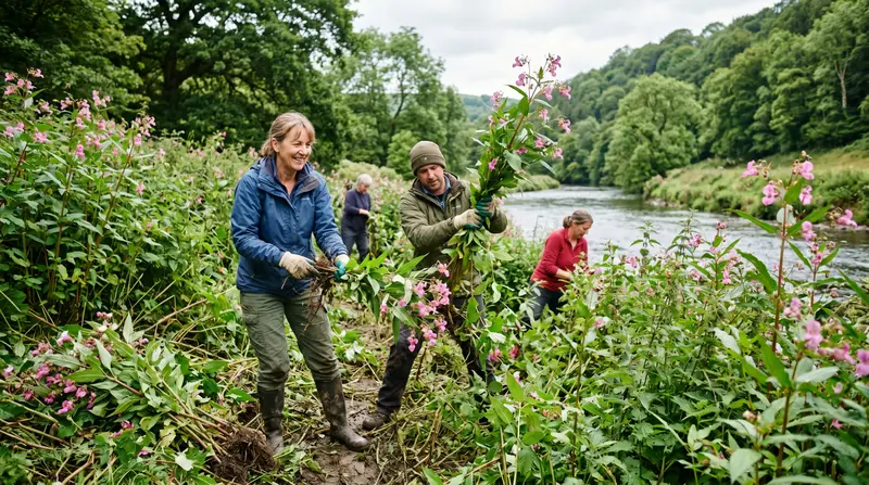 A UK volunteer balsam-bashing group pulling tall pink-flowered Himalayan balsam plants from a riverbank in late June