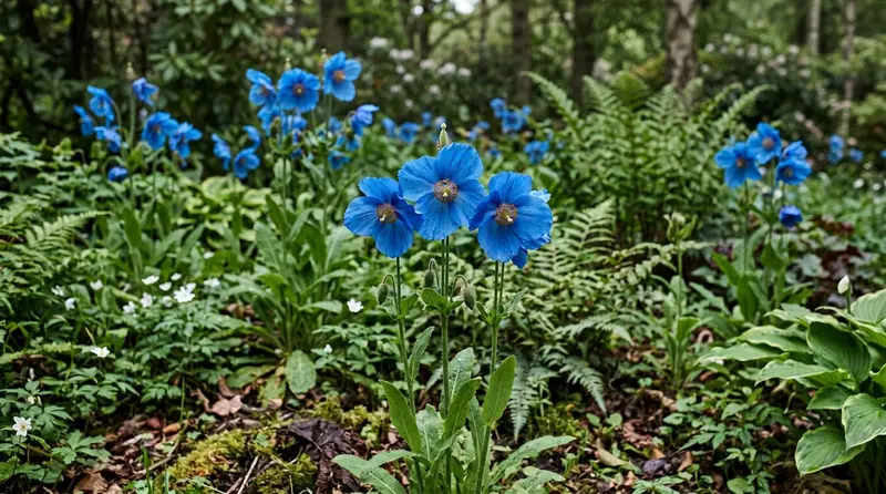 Vivid electric-blue Meconopsis Himalayan blue poppies in full flower in a cool dappled-shade UK woodland border in June