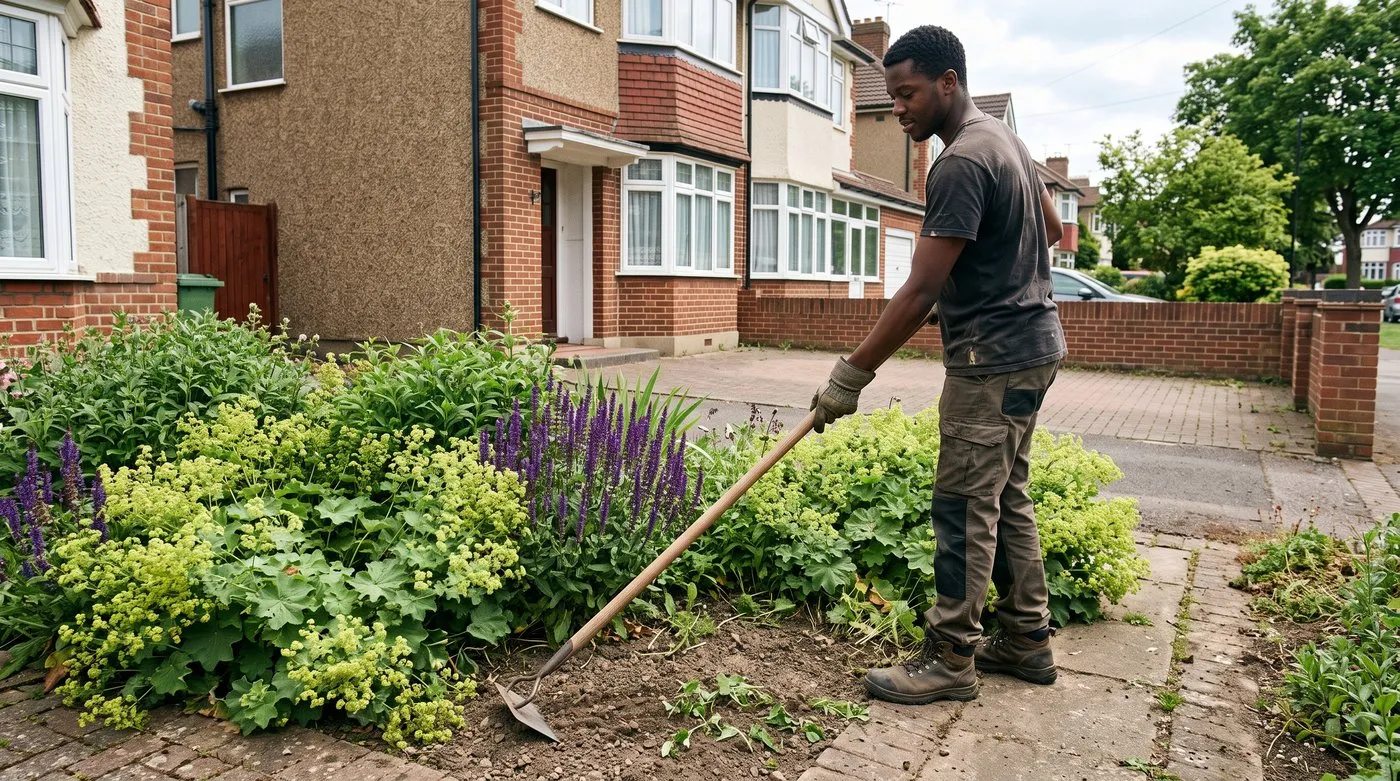 Gardener hoeing a dry border with a Dutch hoe, the blade skimming just under the soil between perennials