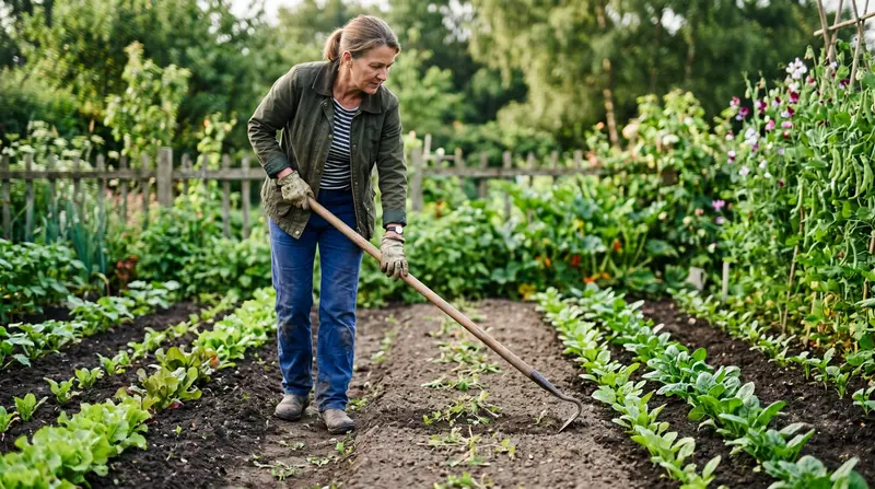 A UK gardener hoeing a vegetable bed in the morning with a Dutch hoe