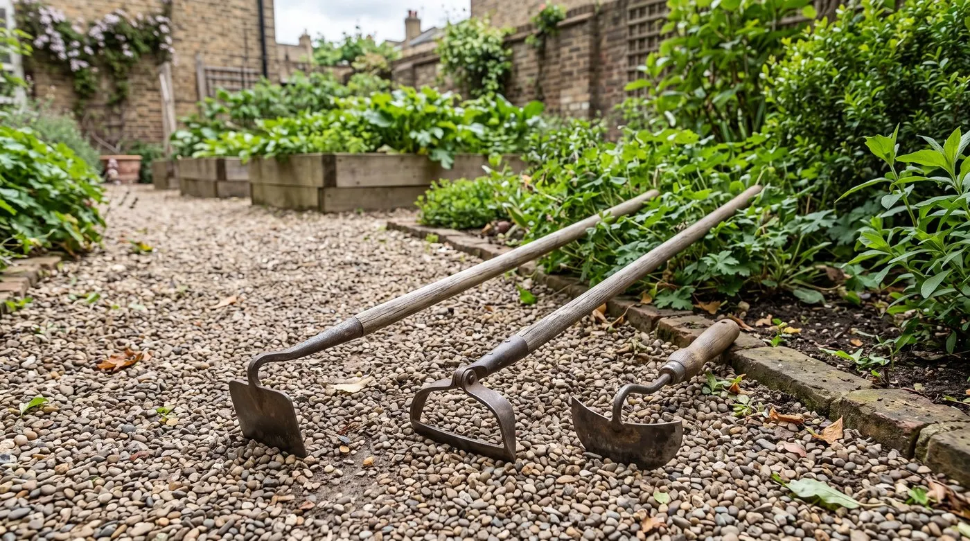 A Dutch hoe, a stirrup hoe and a short-handled onion hoe laid side by side on a garden path