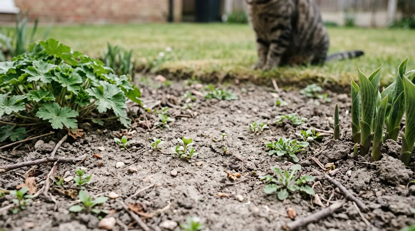 Tiny chickweed and bittercress seedlings on dry soil between border plants, the right size for hoeing