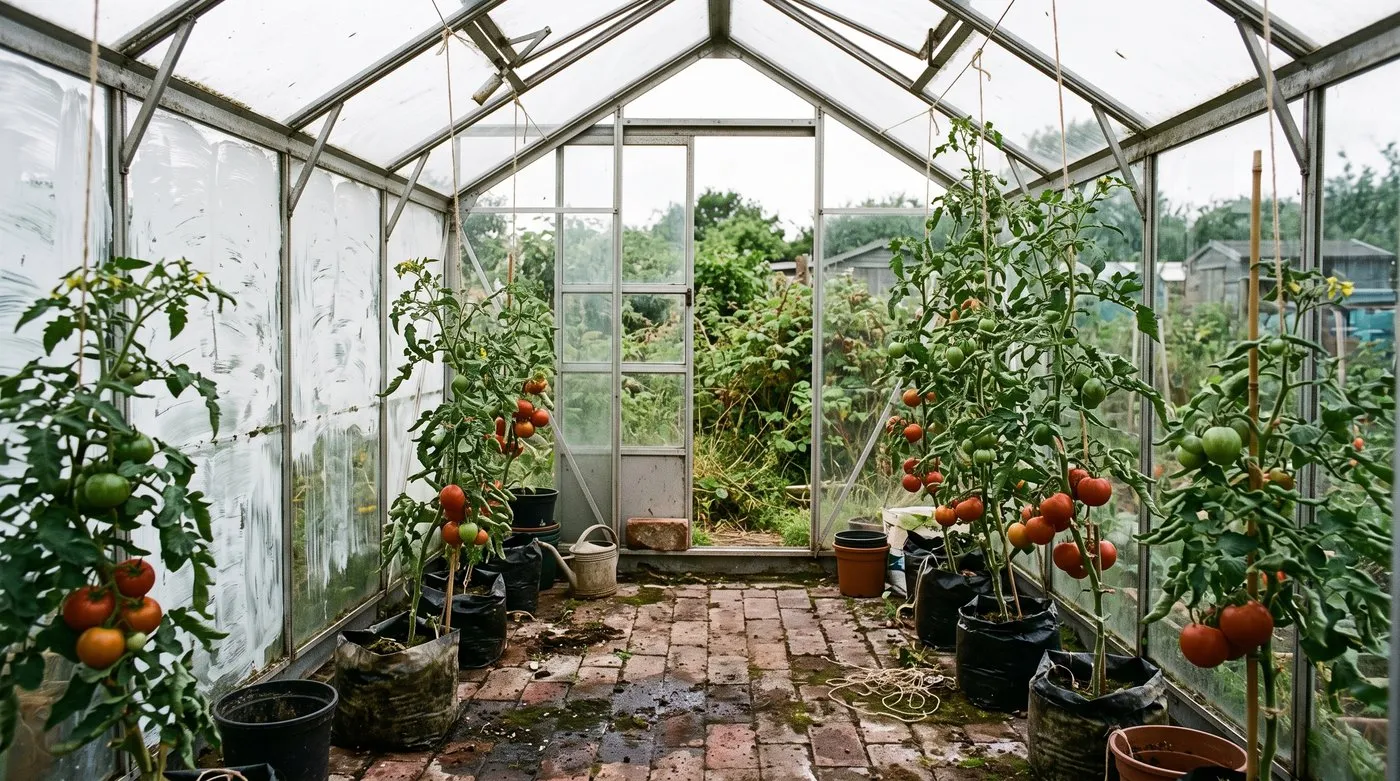 Greenhouse with shade paint on the glass and an automatic roof vent open above tomato plants