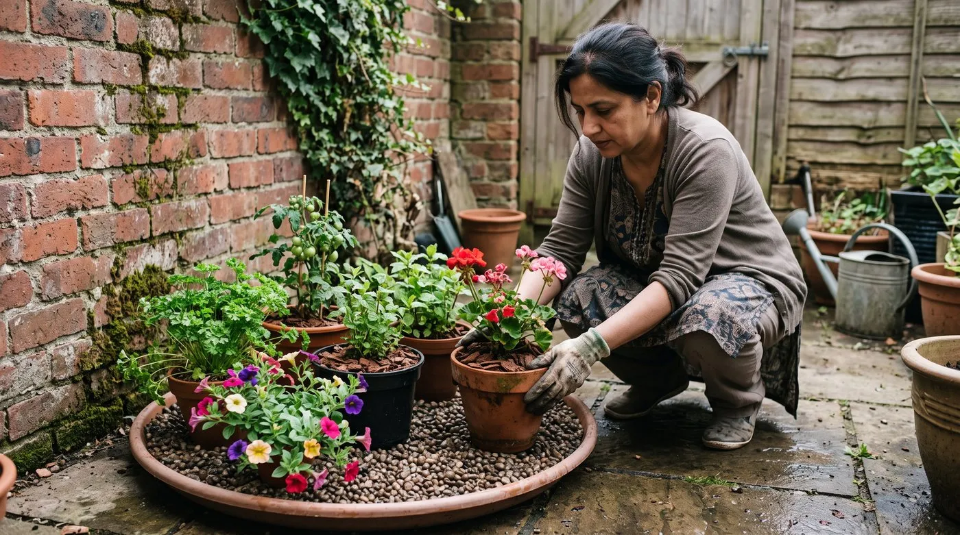 Holiday watering prep with patio pots grouped on a tray of wet gravel against a shady north-facing wall
