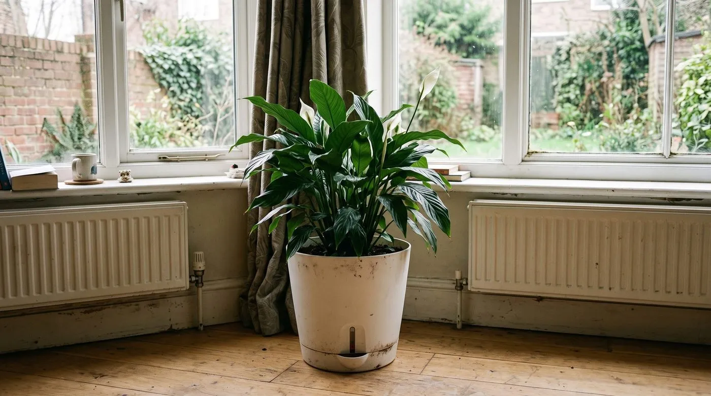 A self-watering pot with a built-in reservoir keeping a houseplant watered