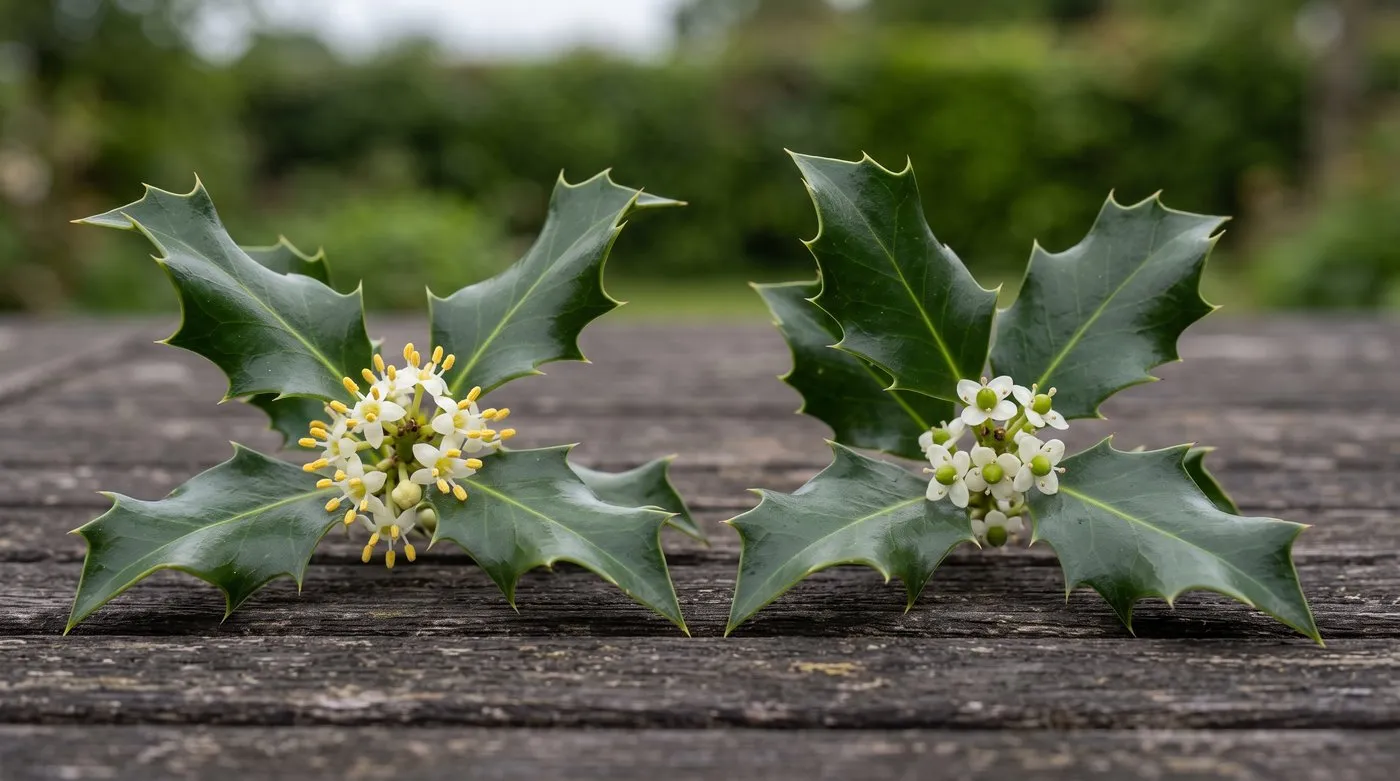 Male holly flowers with yellow stamens beside female flowers with a green bump in the middle