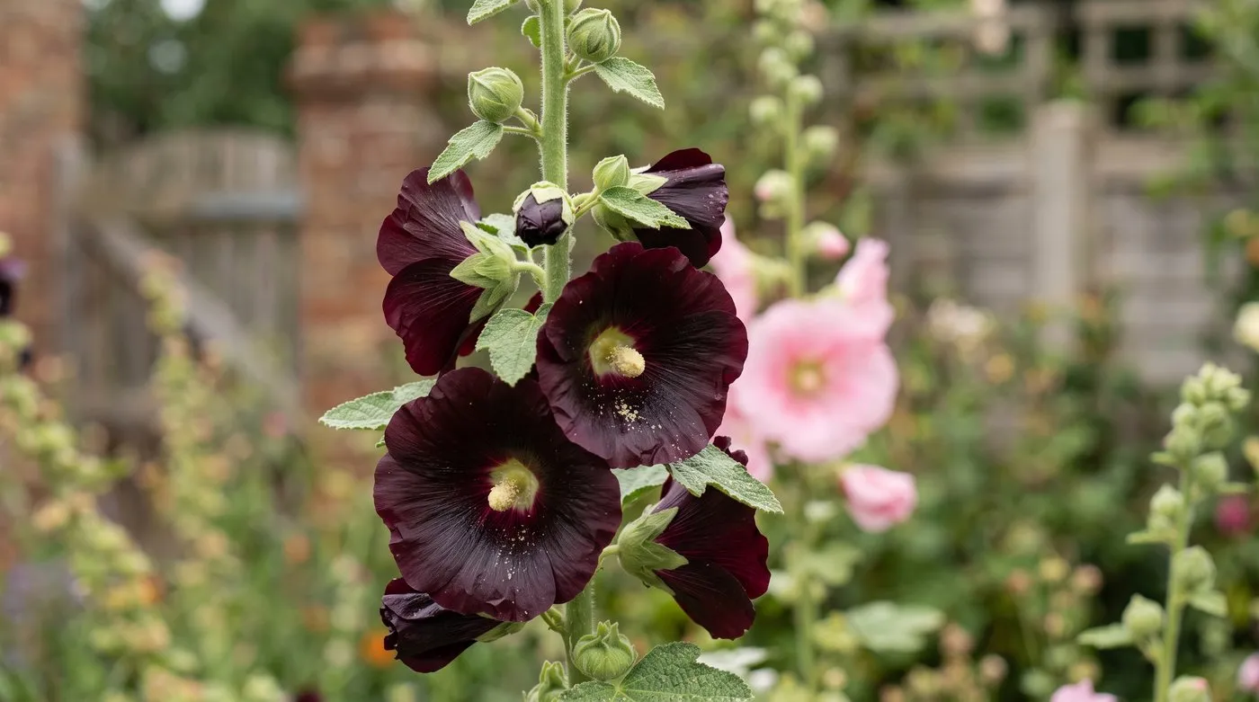 Near-black single flowers of hollyhock Nigra on a tall spike with a pale pink hollyhock behind