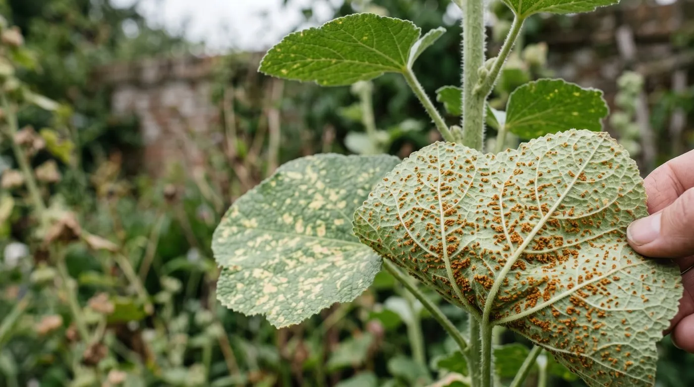 Underside of a hollyhock leaf covered in orange-brown rust pustules with yellow patches above