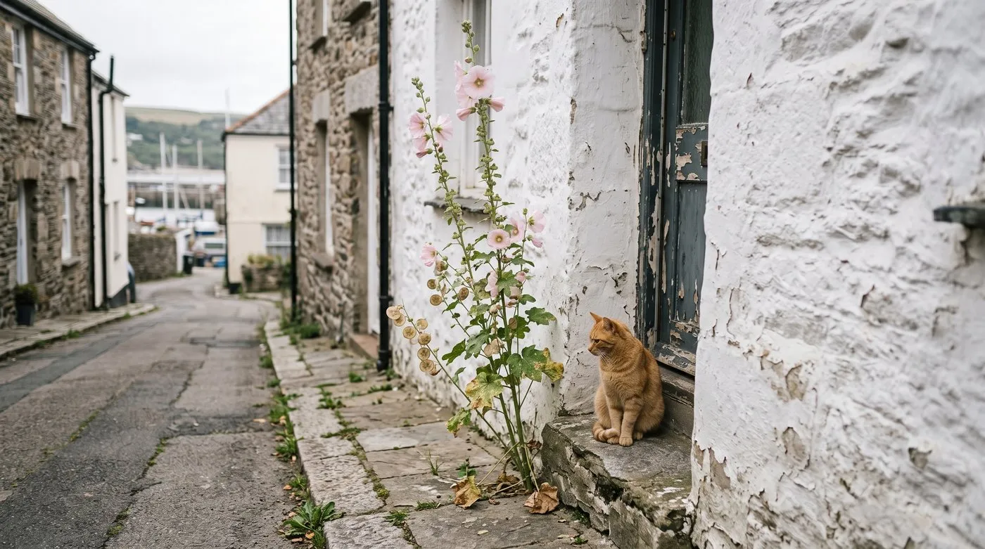 Self-sown pink hollyhock growing from a paving crack by a cottage wall, a ginger cat on the doorstep
