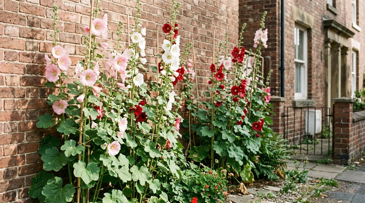 Tall pink, white and red hollyhocks tied to canes against a sunny brick wall in July