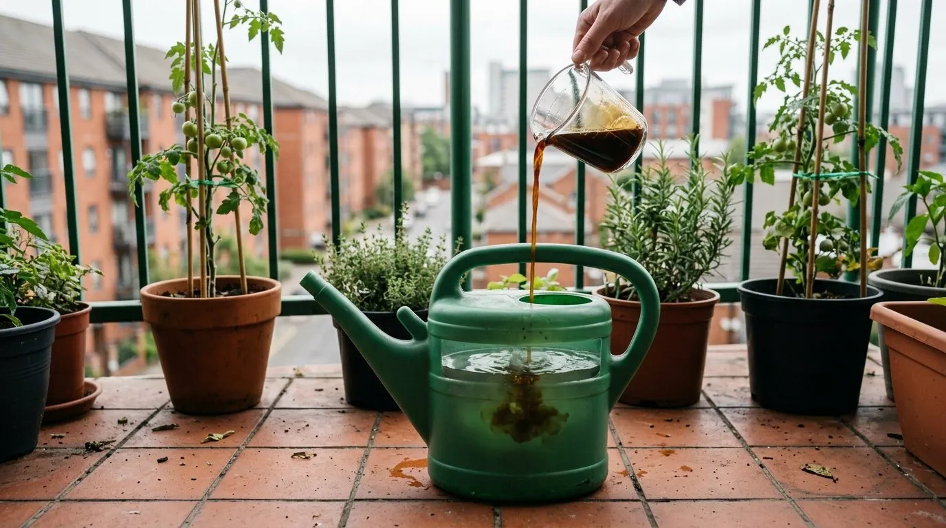 Diluting homemade fish fertiliser concentrate into a watering can on a city balcony garden