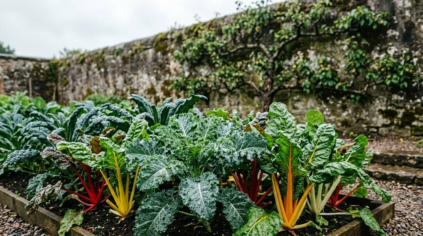 Lush bed of kale and chard fed with homemade fish fertiliser in a Scottish walled garden