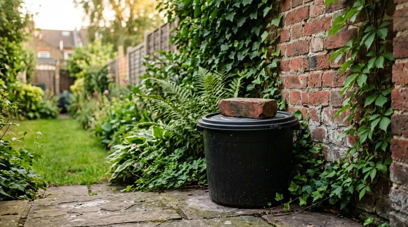 Lidded fermenting bin weighted with a brick in the corner of a London terraced garden