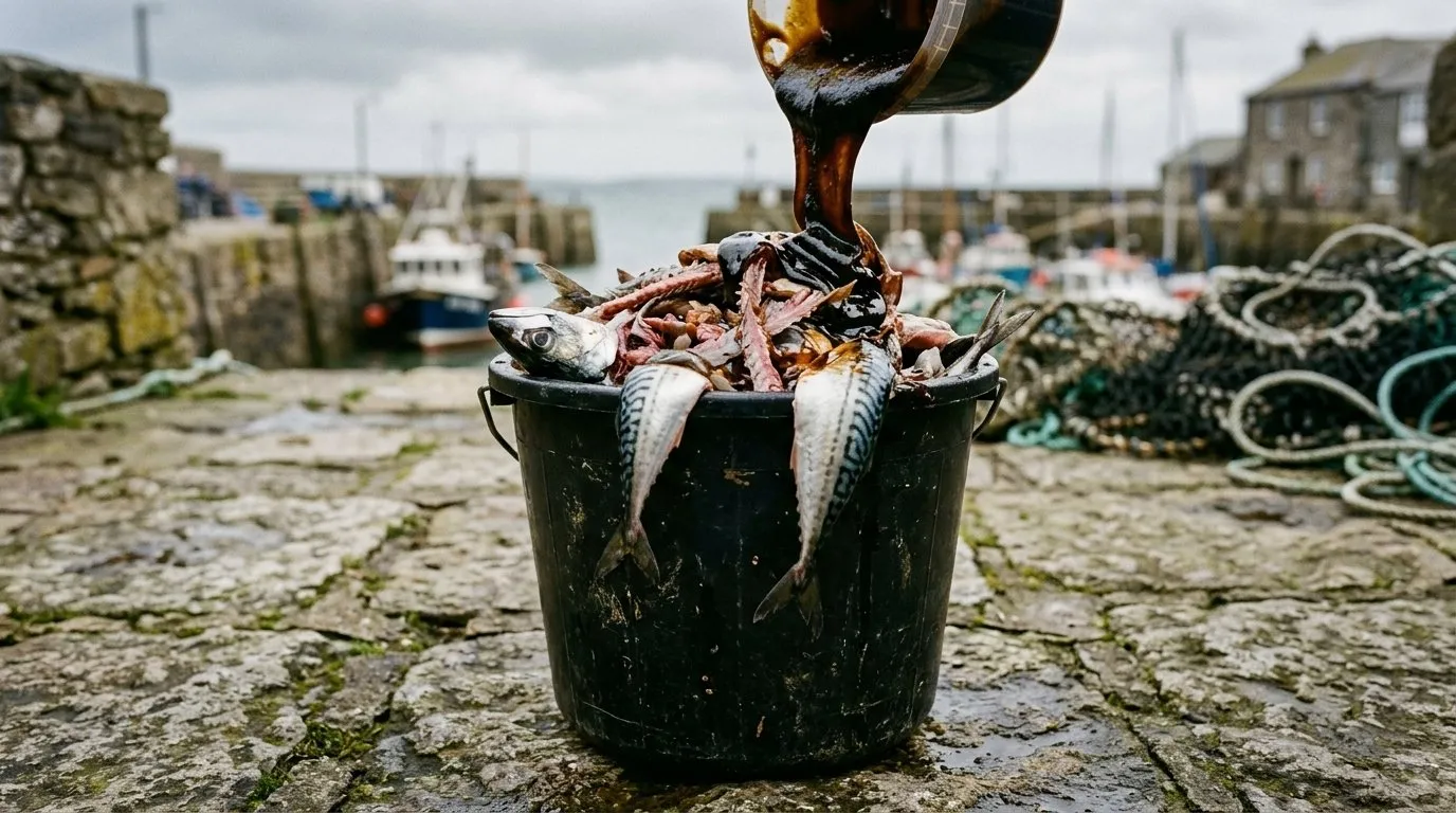 Chopped fish scraps and molasses being layered into a fermenting bucket beside a harbour wall in a UK coastal garden