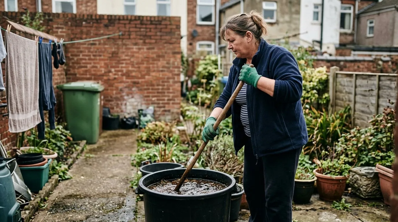 Gardener stirring a bucket of homemade fish fertiliser in a small terraced back yard