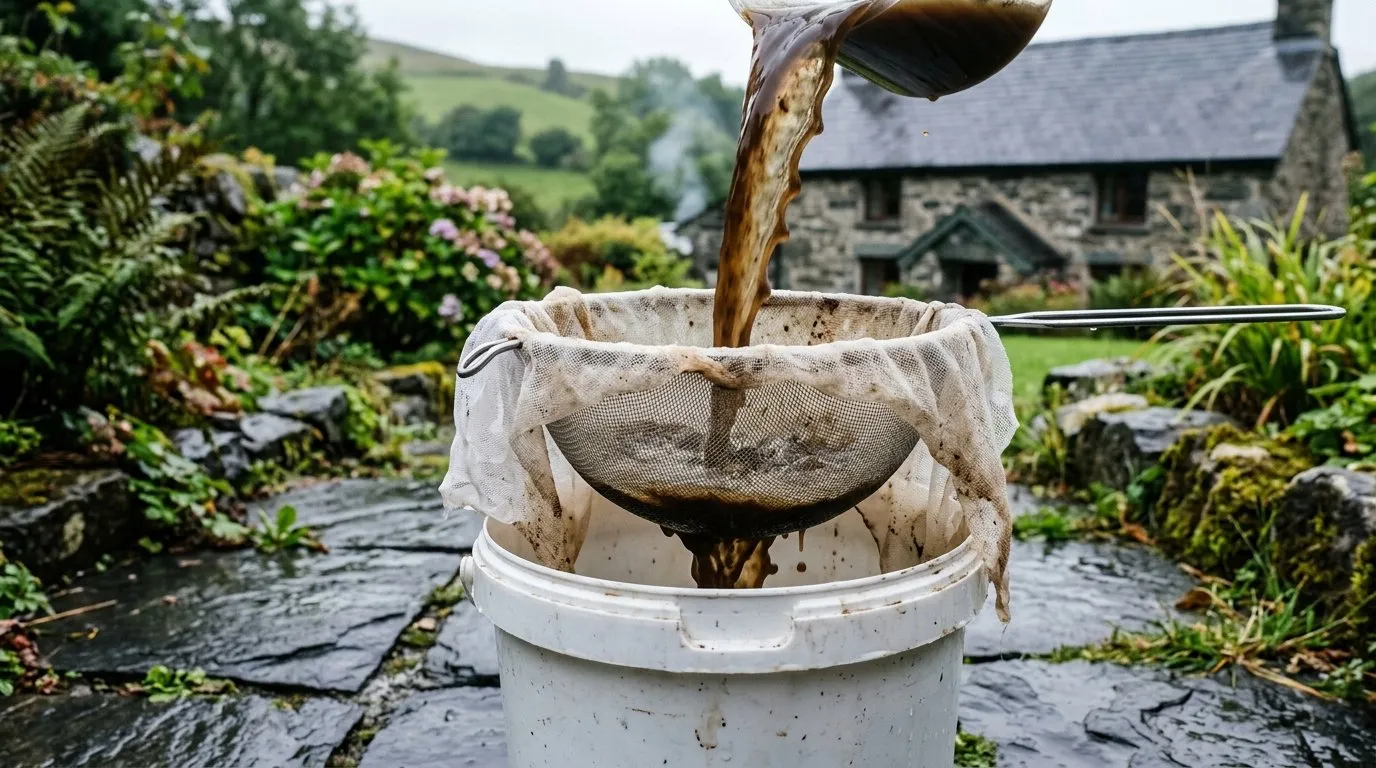 Straining finished homemade fish fertiliser through a sieve into a second bucket in a Welsh cottage garden