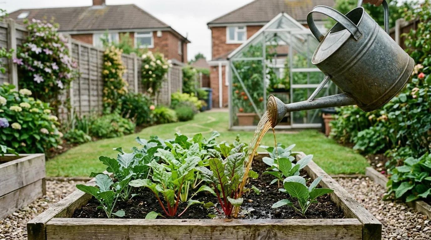 Watering can feeding a vegetable bed with diluted homemade fish fertiliser in a UK garden