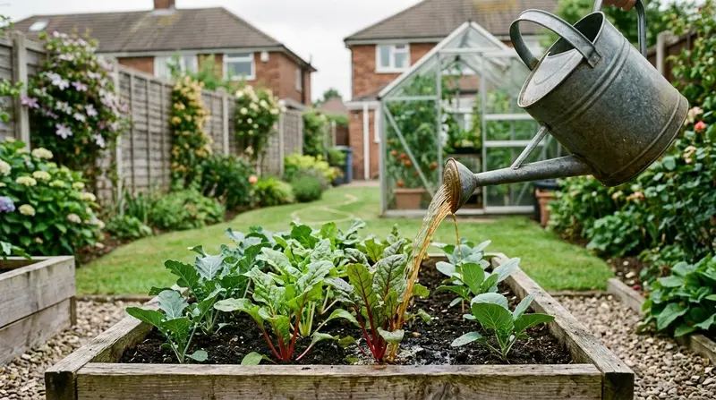 Watering can feeding a vegetable bed with diluted homemade fish fertiliser in a UK garden