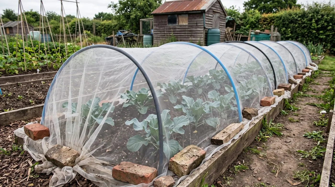 Fine insect mesh over hoops covering young brassicas on an allotment bed, edges weighed down with bricks