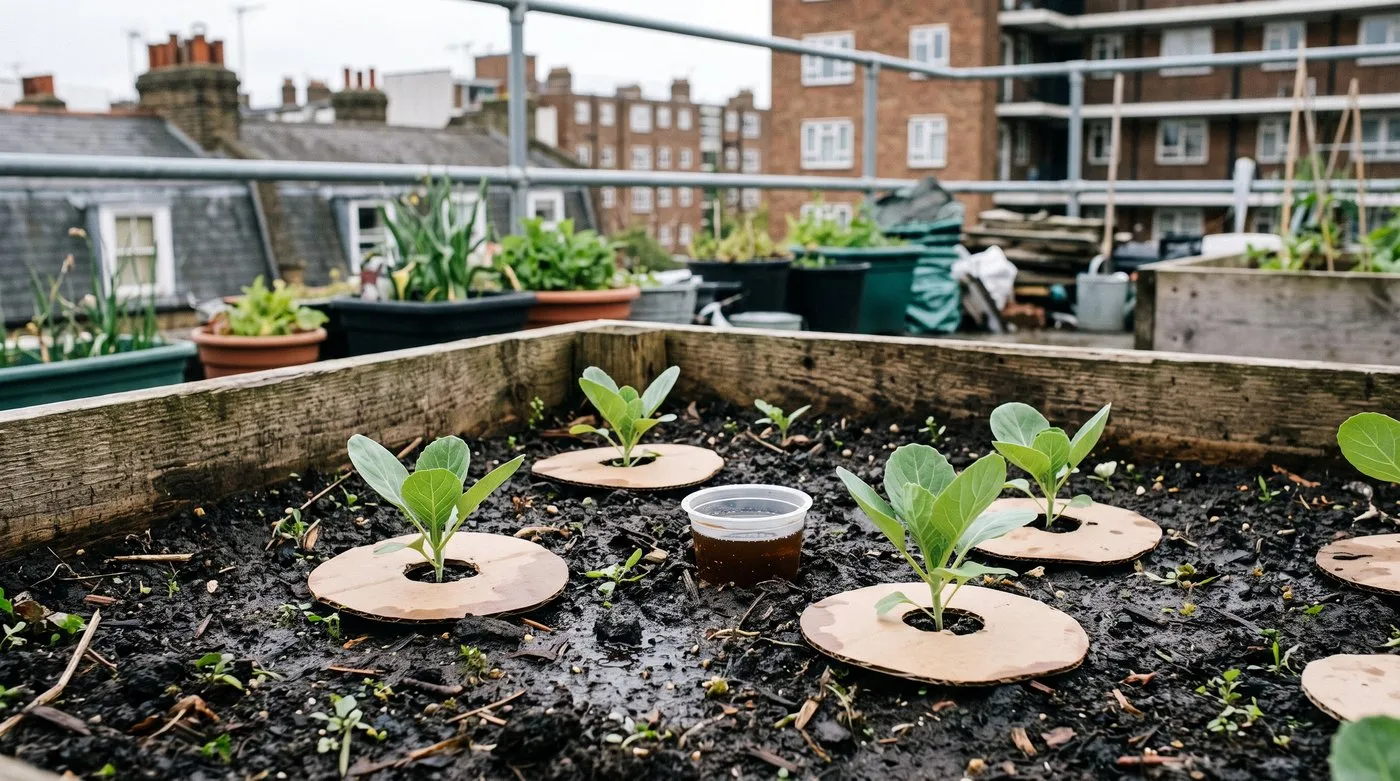 Young cabbage plants with card collars around their stems and a beer trap sunk into the soil