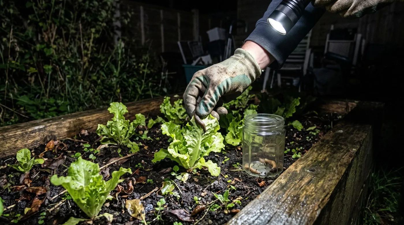 Gloved hand picking slugs off young lettuces in a raised bed by torchlight, with a jar to collect them