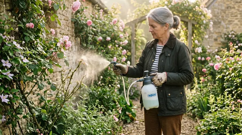 A UK gardener spraying a diluted soap and water mix onto aphid-infested roses with a hand-pump sprayer in a Cotswold garden