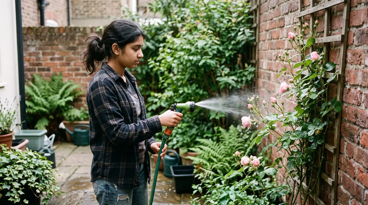 Girl using a firm jet from a garden hose to wash greenfly off rose shoot tips in a courtyard garden