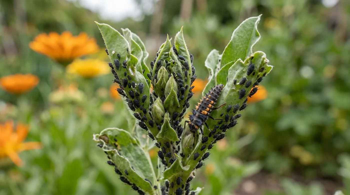 Ladybird larva feeding among black bean aphids on a broad bean shoot tip