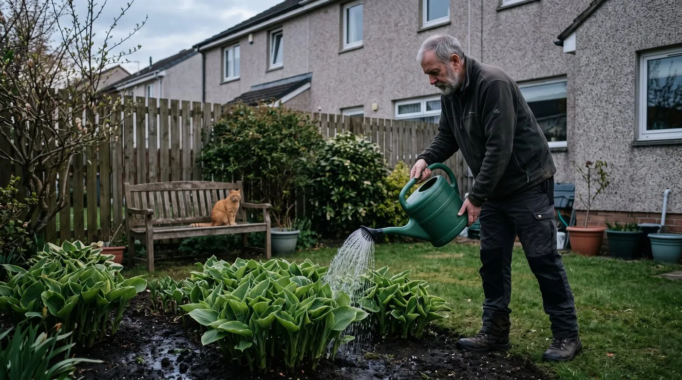Man watering slug nematodes onto moist soil around hostas while a ginger cat watches from a bench