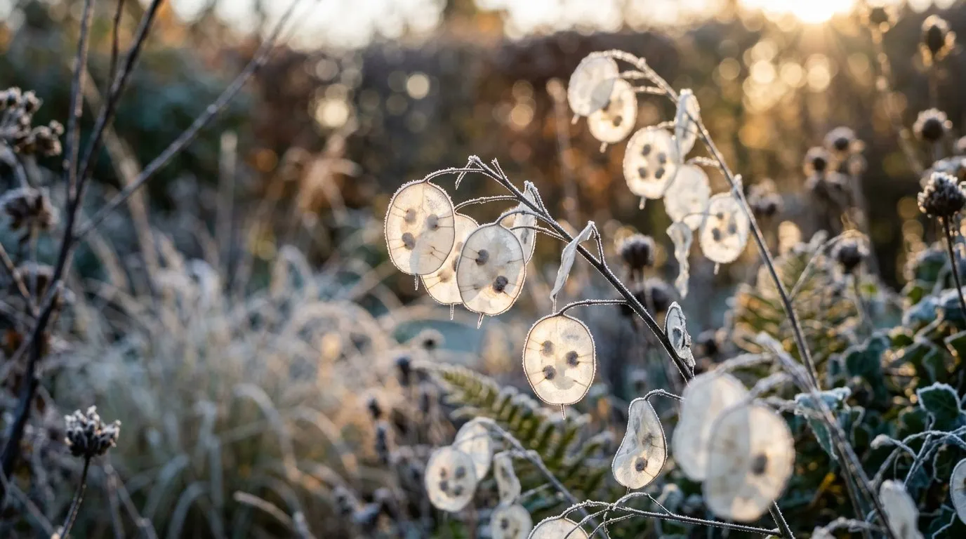 Silvery honesty seed pods covered in frost in a UK garden in winter