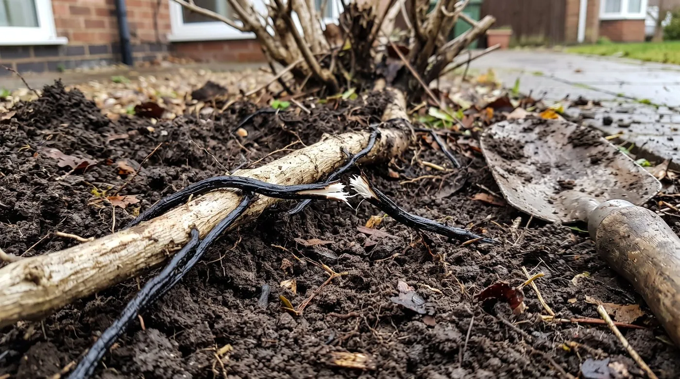 Black bootlace-like honey fungus strands in dug soil beside a woody root at the base of a dead privet