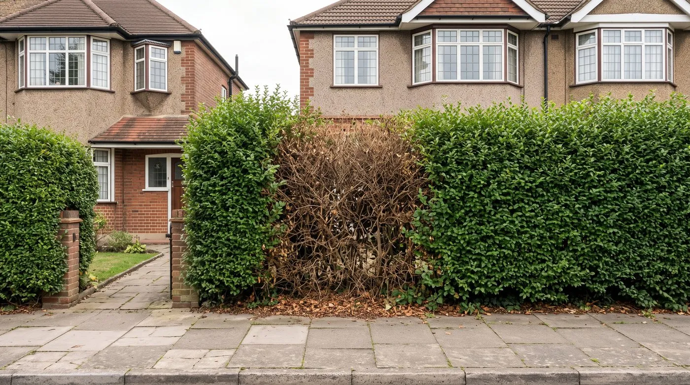 Privet hedge with one dead brown section in the middle while the rest stays green