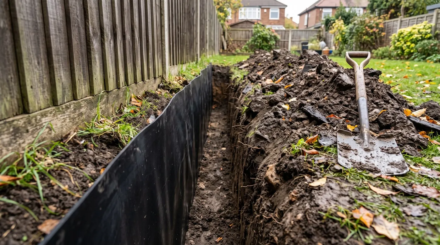 Trench along a garden fence lined with black rubber sheet as a honey fungus root barrier