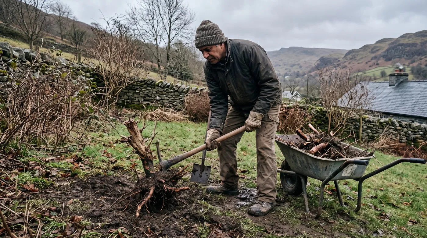 Gardener in gloves digging out a small tree stump and its roots with a mattock