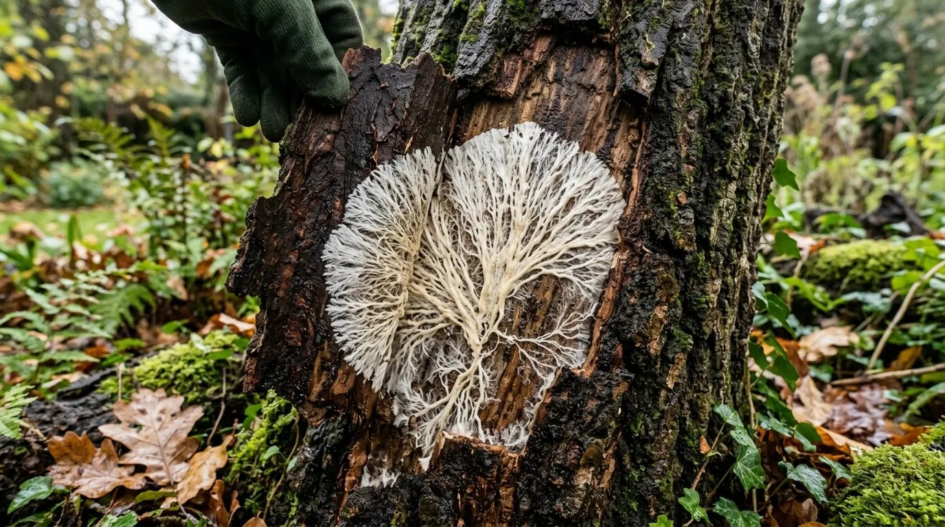 White mycelium fan of honey fungus beneath peeled tree bark