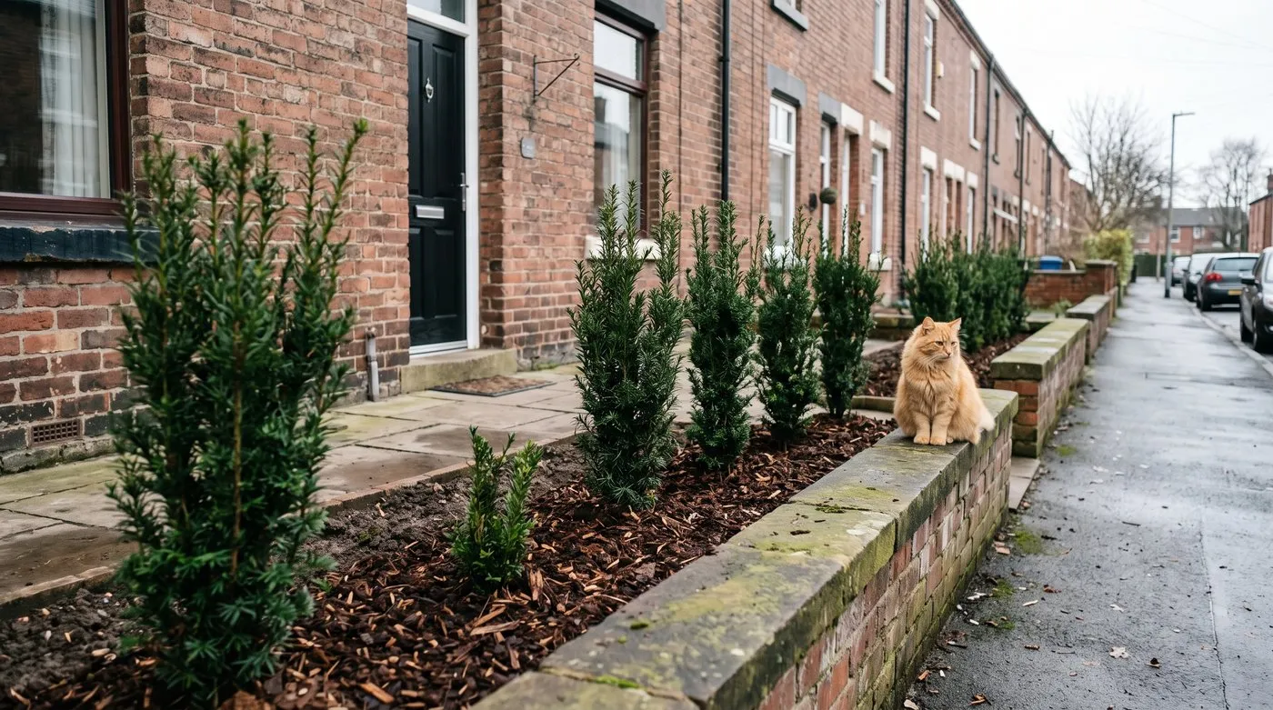 Young yew hedge plants freshly planted in a front garden, with a ginger cat on the wall