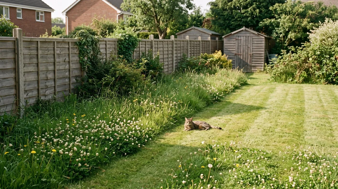 Unmown strip of lawn full of white clover and dandelions next to short grass, with a tabby cat basking