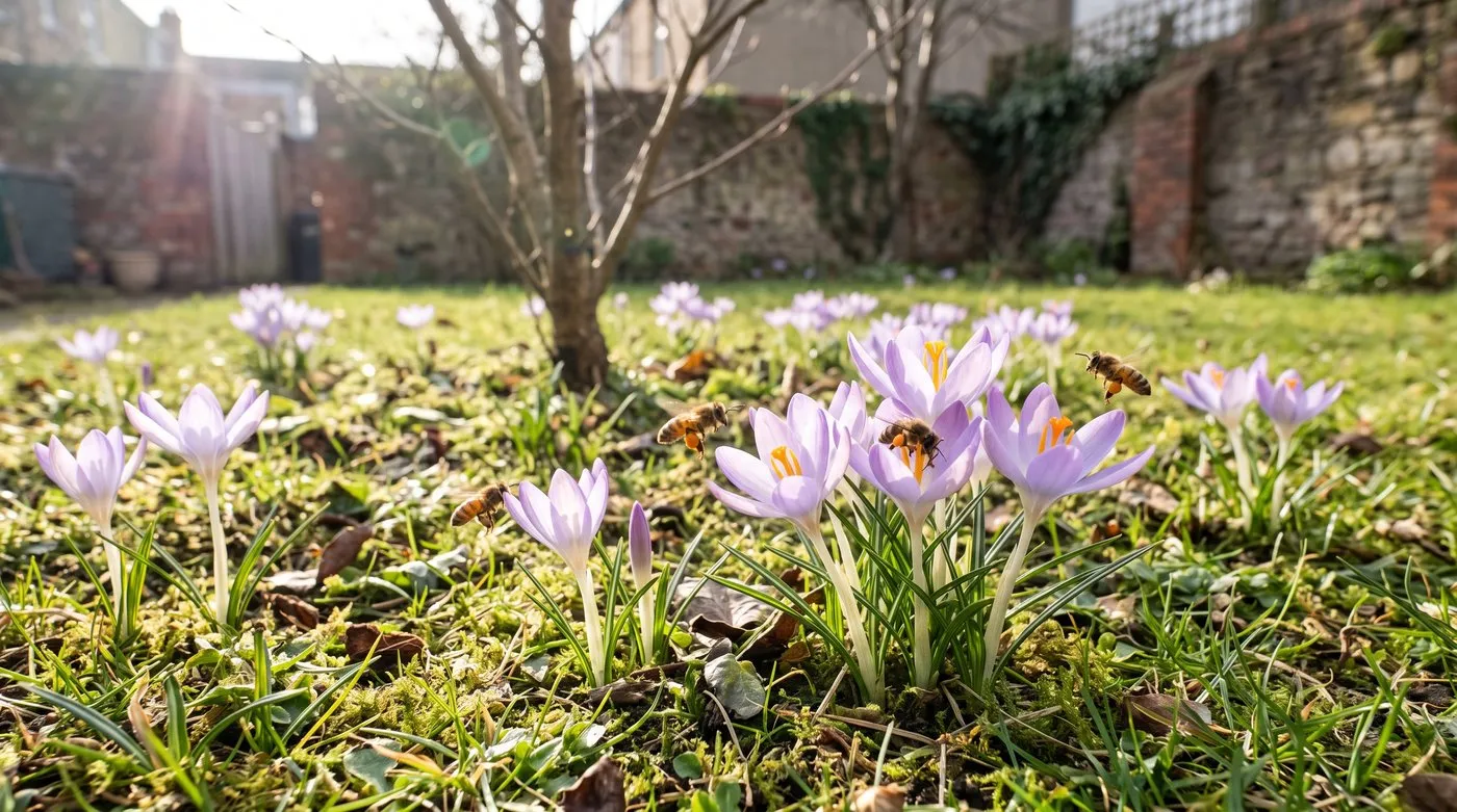 Honeybees feeding on open lilac crocus flowers in a lawn on a sunny late winter day