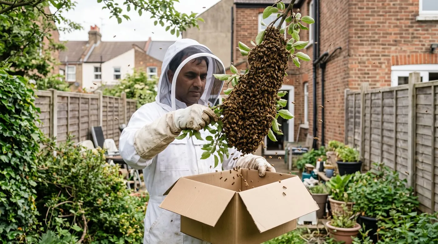 Beekeeper in a bee suit shaking a swarm of honeybees from an apple branch into a box