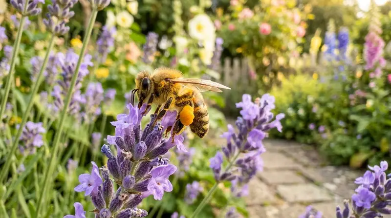 Honeybees in a garden visiting lavender flowers in a sunny UK cottage garden border