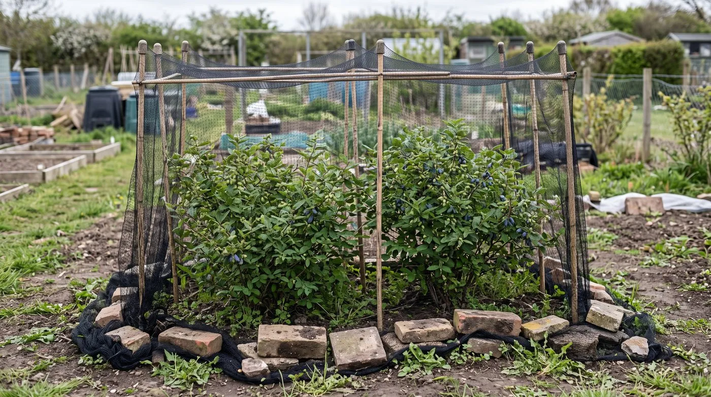 Honeyberry bushes under fine netting held on a cane frame with the edges weighed down