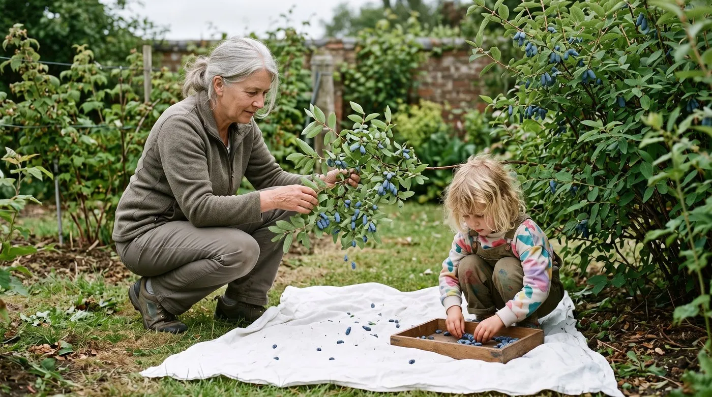 Grandmother and granddaughter shaking ripe honeyberries from a bush onto a sheet in late May