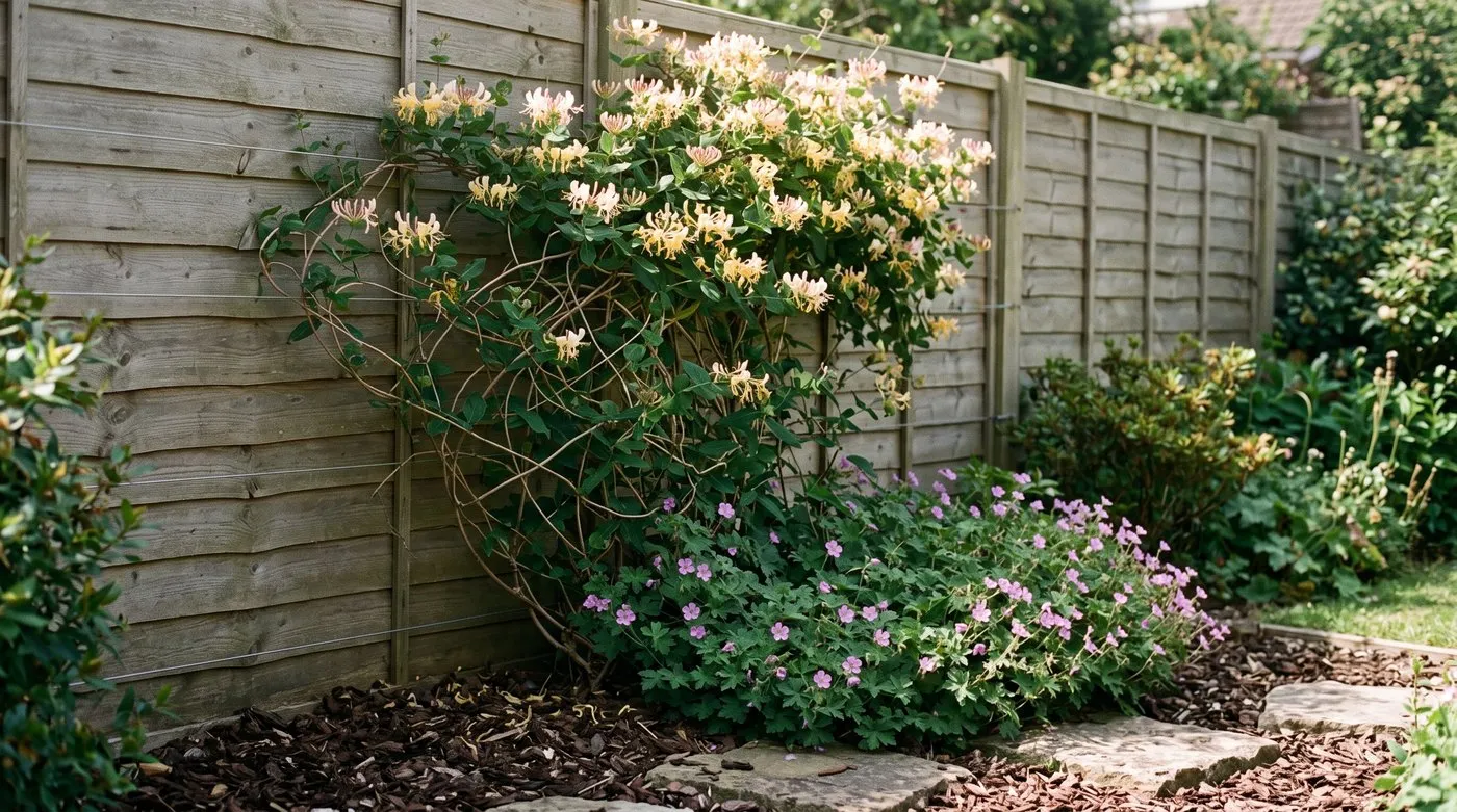Honeysuckle with its base shaded by low plants and paving while its stems climb a sunny fence