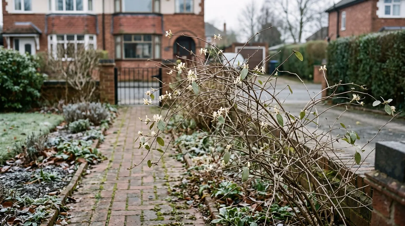 Winter honeysuckle shrub with small creamy flowers on bare stems beside a garden path in January