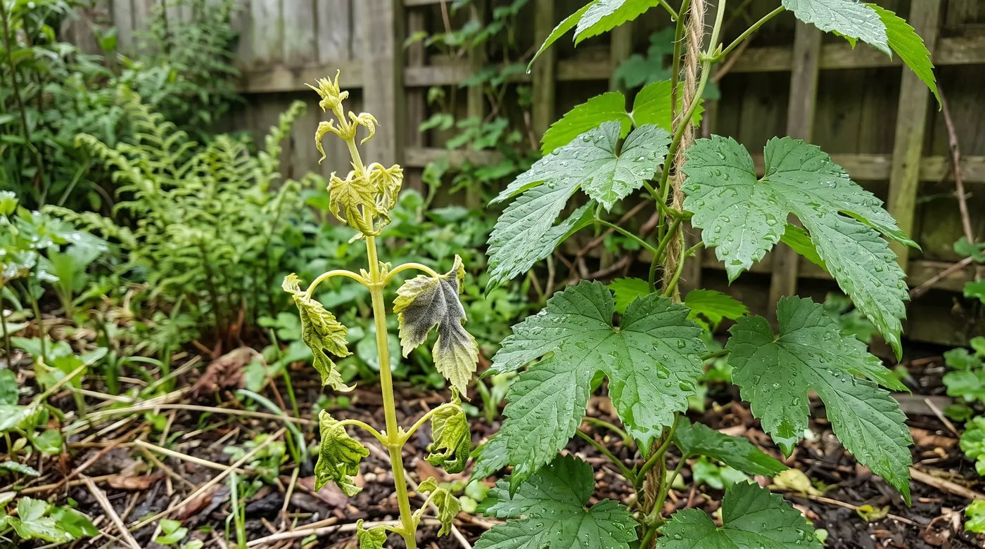 Stunted pale hop shoot affected by downy mildew beside a healthy green climbing shoot