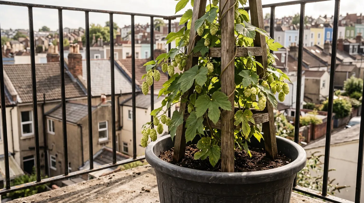 Dwarf hop plant with green cones climbing an obelisk in a large container on a city balcony