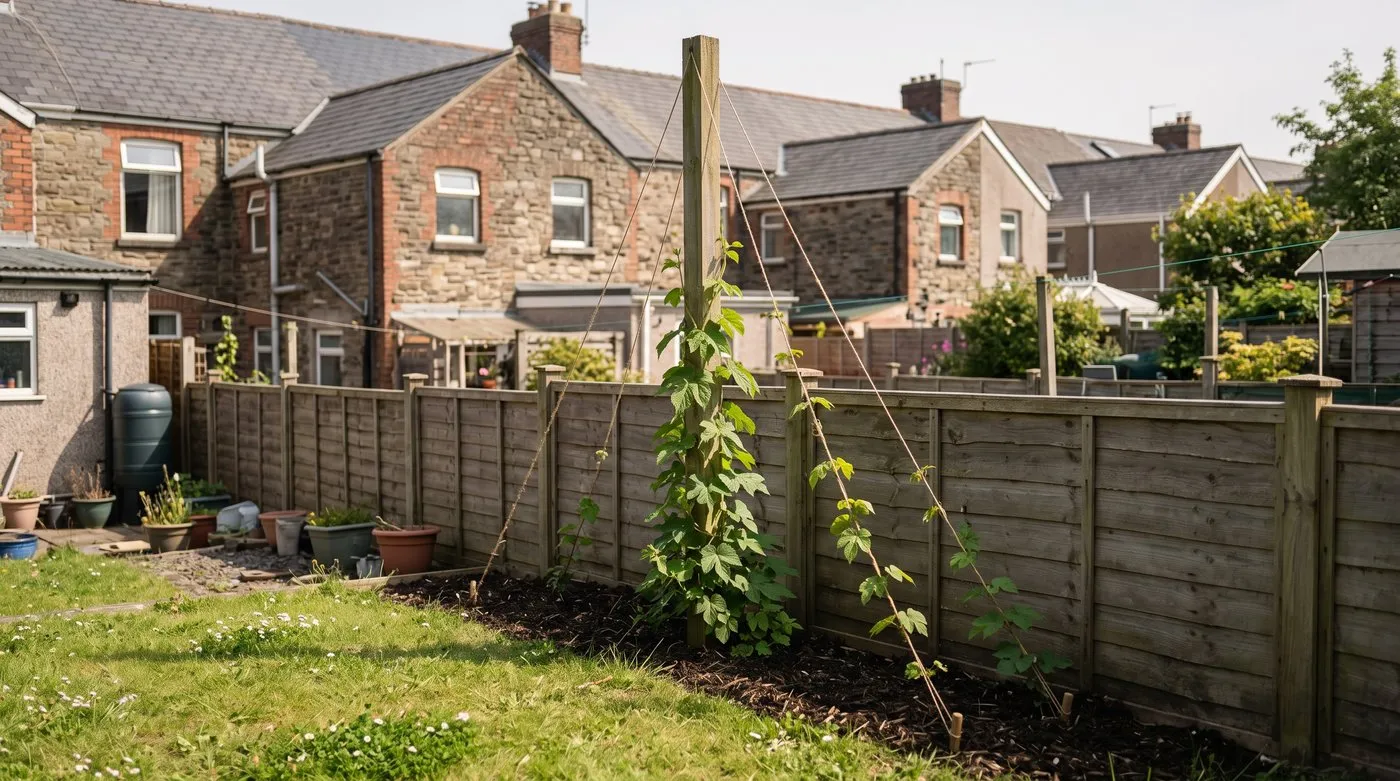 Young hop plant climbing strings from a tall post in a sunny, mulched bed in a terraced back garden